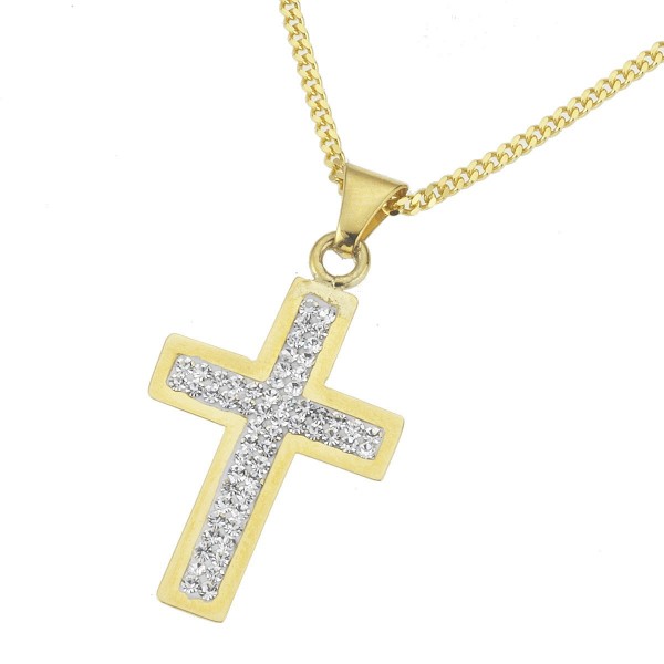 Crystelle - Anhänger/Kette 45/42cm, Kreuz mit Swarovski Kristallen weiss