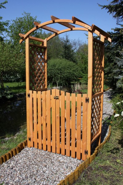 SET: Pergola mit Tür "Michi", Kiefer, honigbraun, 132 x 70 x 209 cm, Gartenpergola, Rankhilfe, Garten