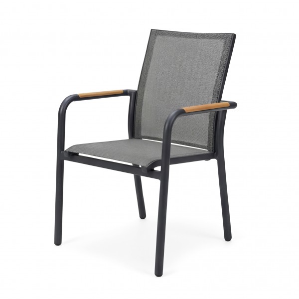 Garten Essstuhl „Palazzo“ Anthrazit  Aluminium, Teakholz & Textilene modern & stapelbar