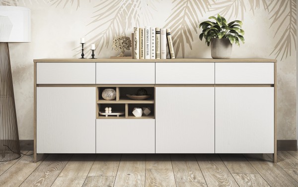 Sideboard "Stranda" 4 Schubkästen, 4 Türen, Facheinteilung, Weiß Skandi Eiche, 193x85x39 cm