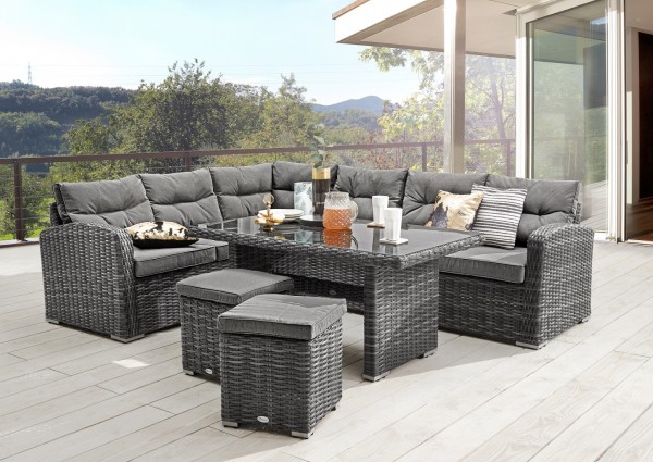 Eckgruppe "Ramiro", grau, mit Polster, Dininglounge, Loungesofa, Tisch, Loungebänke, Garten