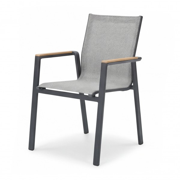 Outdoor Dining Armstuhl „Paros“ Anthrazit Aluminium, Teakholz & Textilene wetterfest stapelbar