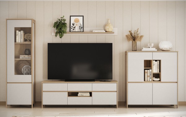 Wohnwand "Stranda" 4tlg. Set, Vitrine, Lowboard, Highboard, Wandboard, Weiß Skandi Eiche