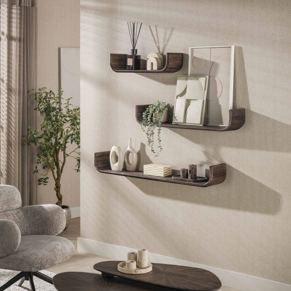 Wandregal Set "LIVANO"– Massiv Teak Espresso,3-teiliges U-Shape Design