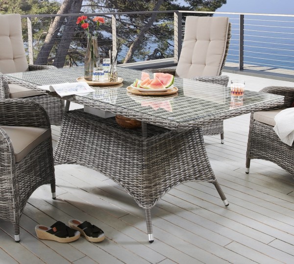 Tisch "Bali", grau meliert, 165 x 90 x 75 cm, mit Glasplatte, Gartentisch, Balkontisch, Garten