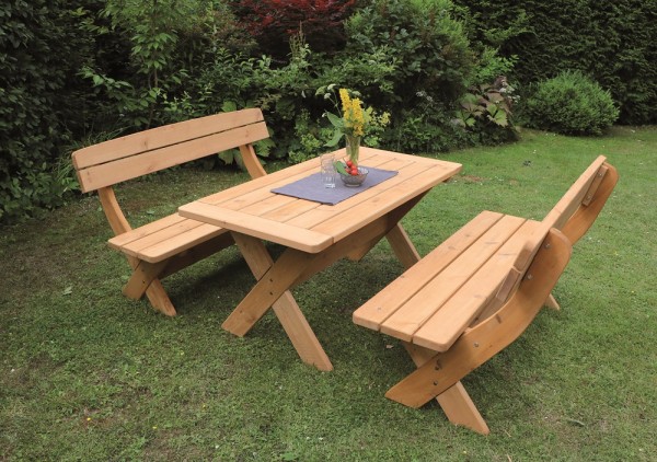 Holz-Garnitur "Lina", 3er-Set, honigbraun, Nadelholz, Gartenset, Gartensitzset, Tisch, Bänke