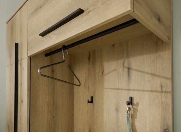Kompaktgarderobe „Novi“ – 1 Tür, 2 Klappen, Kleiderstange, 4 Haken &amp; Sitzkissen, Eiche Evoke
