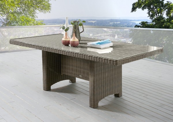 Tisch "Honey", vintage braun, rechteckig, 200 x 100 x 75 cm, Glasplatte, Gartentisch, Balkon, Garten