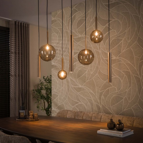 Pendelleuchte „Amara Cascade“ – 4+3-flammig, Glas & Metall, Bernstein-Bronze