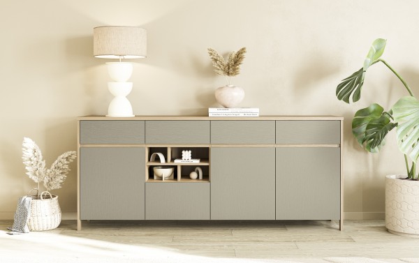 Sideboard "Stranda" 4 Schubkästen, 4 Drehtüren, 1 Fach, Eukalyptus Skandi Eiche, 193x85x39 cm