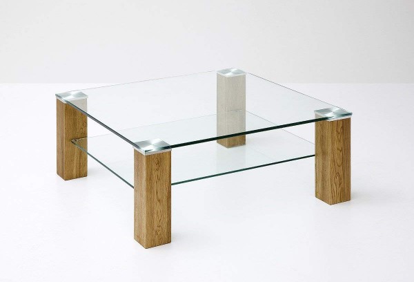 Couchtisch "Jasny" - Glastisch Klarglas m. Ablagefach Massivholz Asteiche 90x40x90 cm Tisch
