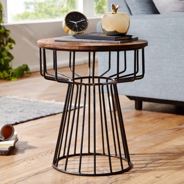Beistelltisch "Sina" Sheesham Massivholz braun schwarz Metallgestell 47 x 55 x 47 cm Tisch