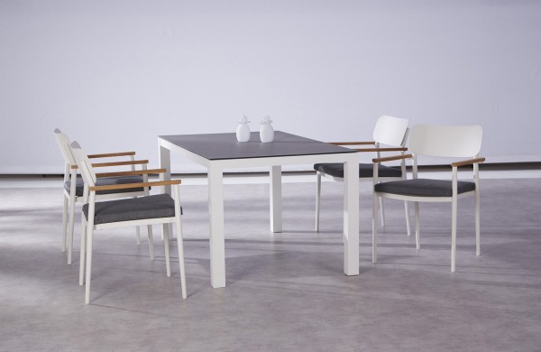 Gartengruppe "Finn" 9-tlg. weissTisch 160x90cm 4xStapelsessel inkl. Sitzkissen Sitzgruppe Garten