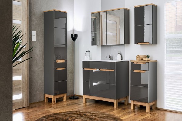 Badmöbelset "Perth" Graphit Oak Votan Dekor 5-teilig, Badezimmerset, Badezimmer modern