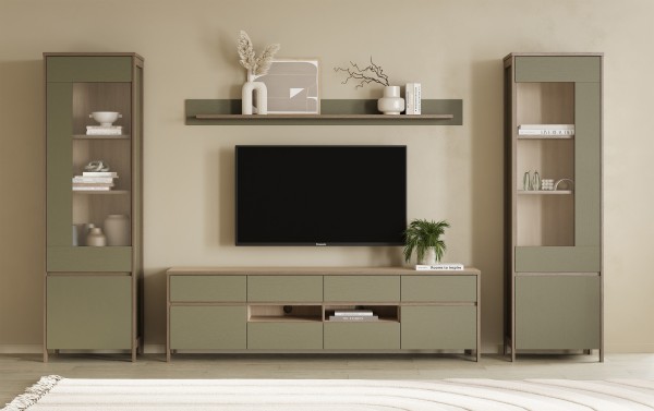 STRANDA Wohnwand 4tlg. Set, 2x Vitrine, Lowboard, Wandboard, Eukalyptus Skandi Eiche,