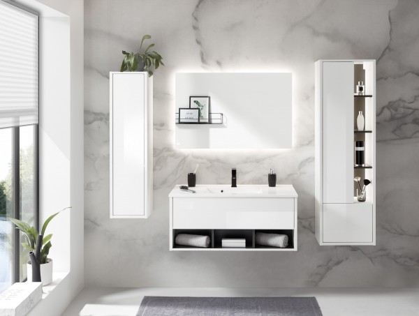 Badezimmer-Set „Studio“ 4-tlg., Schrank 1 Tür, Schrank 2 Türen, Waschtisch mit Waschbecken, LED-Spie