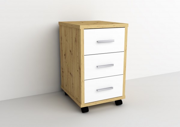 Rollcontainer "Fini 4" Weiß Eiche Holznachbildung 35x59x42cm mobiler Büroschrank