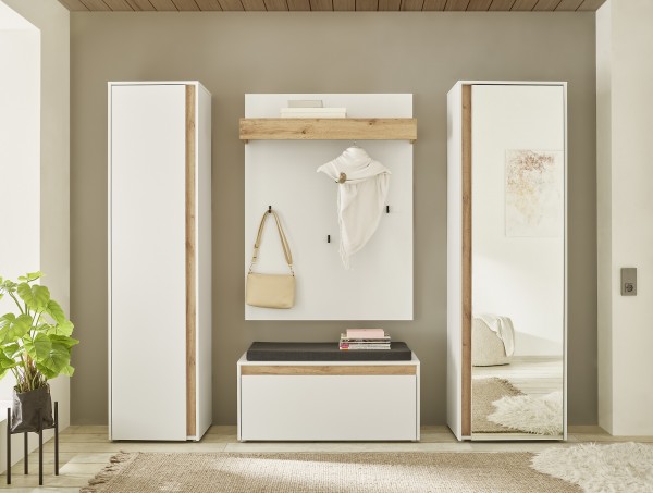 Kombi "Style", 2x Garderobenschrank, Garderobenpaneel, Schuhbank, Weiß, Eiche Wotan Dekor