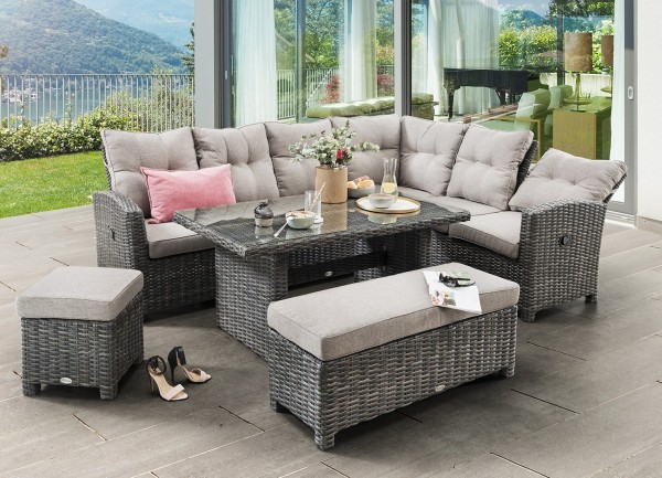 Eckgruppe "Ramiro", braun, Polster beige, Dininglounge, Loungesofa, Tisch, Loungebänke, Garten