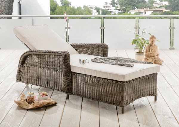 Rolliege &quot;Sally&quot; Rattan vintage braun Polyrattan inkl. Polster natur Gartenliege