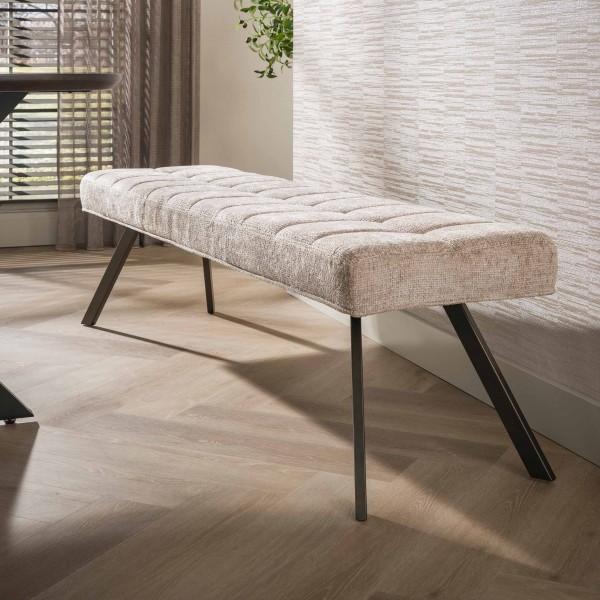Sitzbank „BLY“ – 180 cm, gepolstert, Hoven Stoff Sand-Braun, Metallgestell