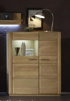 Highboard "Anriel II" Board m. Glaselement (R), Eiche Bianco, 107x131x38cm, Vitrine, Schrank