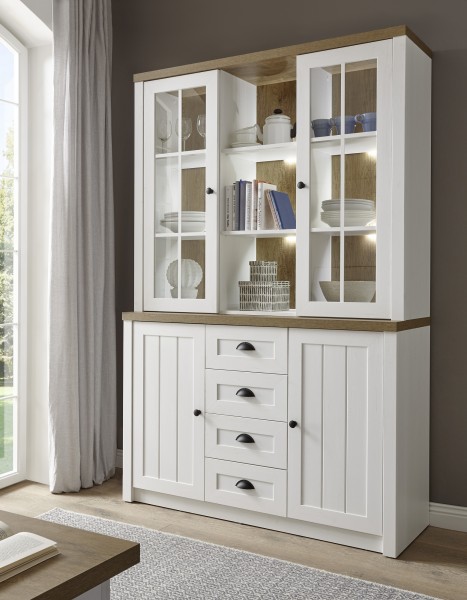 Buffet "Tesorino II" Holznachbildung Pinie Weiss Applikationen Eiche hell 130x198x35-43cm Highboard