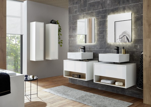 Badezimmer Set "Studio" 6tlg., Schrank, Waschbeckenunterschrank, Spiegel mit LED, Weiß Hochglanz/Eic