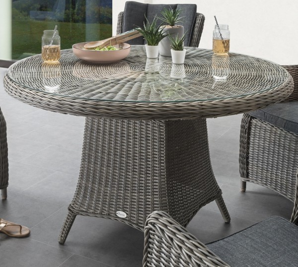 Tisch "Honey", vintage grau, 120 Ø x 75 cm, mit Glasplatte, Gartentisch, Balkontisch, Garten