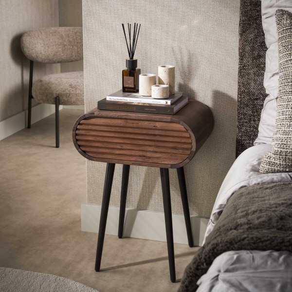 Nachttisch „Ofelia Oval“ – 1 Schublade, Massivholz Akazie, Braun