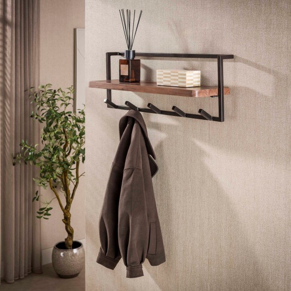 Wandgarderobe 6 Haken „Jens“ – Flurgarderobe, Akazie Massivholz Braun/Bronze