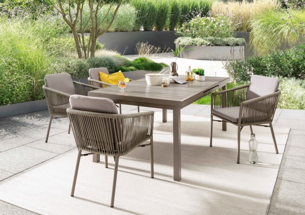 Essgruppe „Maja“ – 1 Ausziehtisch 165/215 x 100 cm + 4 Sessel, Aluminium, Taupe, Garten-Balkonmöbel-Set