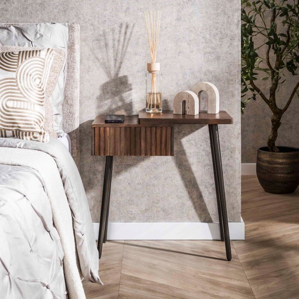 Nachttisch „Vero Stand R“ – 1 Schublade rechts, Massivholz Akazie braun, Metallfuß 60×30×61 cm