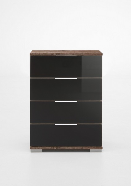 Nachtschrank "Lela 3" Nachtkonsole Schlammeiche NB+Glas schwarz (4 Schubkästen) 52x74x38cm