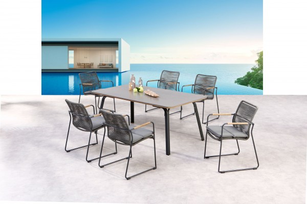 Gartengruppe "Ruby" 7-tlg. anthrazit/grau Tisch 180x100cm 4xStapelsessel Strick-Optik Sitzgruppe