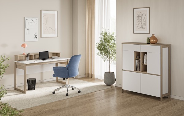 Wohnmöbel-Set "Stranda" 2-teilig, Highboard & Schreibtisch mit Aufsatz, Weiss Skandi Eiche Dekor, 23