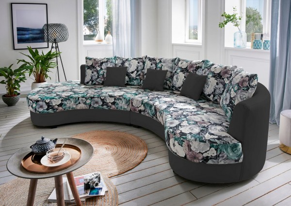 Nierensofa "Madeleine" Blumenmuster dunkelgrau anthrazit 306 x 74 x 183 cm (B/H/T) Sofa mit Zierkissen