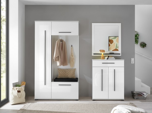 Garderoben-Kombi „Elviro“ – Kompaktgarderobe, Spiegel, Stauraum & Sitzkissen, Weiß & Anthrazit