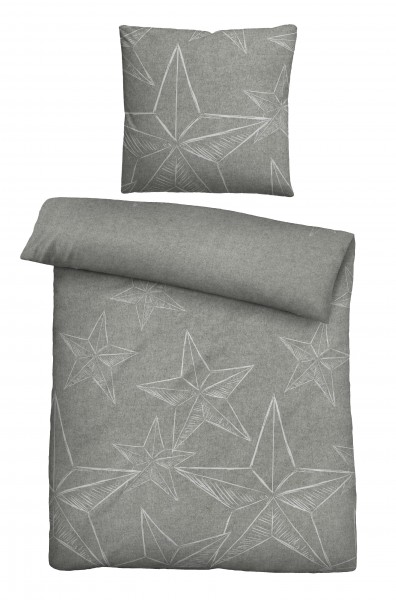 Biberna Melange Flanell Bettwäsche &quot;Stars&quot; sturmgrau 155x200cm + 80x80cm