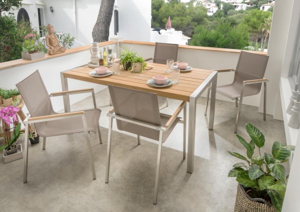 2er Set Stapelsessel "Telly" Gartensessel Gartenstuhl Edelstahl stapelbar taupe Polywood braun