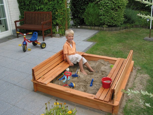 Sandkasten "Katha", Kiefer, honigbraun, 140x140x24cm, Abdeckung, Kindersandkasten, Kinder, Garten
