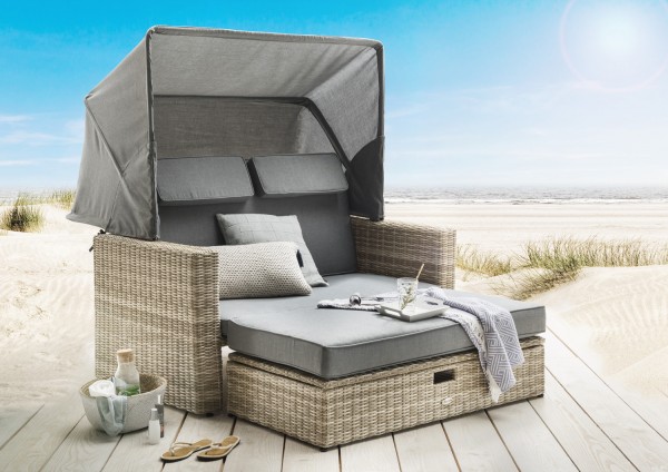 Loungeset &quot;Goa&quot; Sonneninsel Sofa 2-Sitzer Multifunktions-Lounge beige-meliert inkl Polster grau