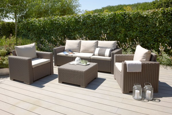 Lounge Gruppe "Gelia" 4-tlg. Kunststoff in cappuccino/sand Tisch 3-Sitzer 2xSessel Gartengruppe