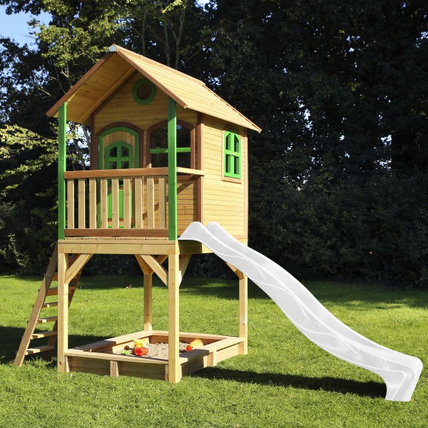 Holzspielhaus "Wicki" weiß grün mit Veranda + Rutsche + Leiter + Sandkasten 191x370x291cm aus Holz