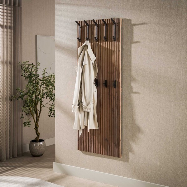 Garderobenpanel „Liora“ – 10 Haken, Massiv Akazie Braun, 63 × 160 cm