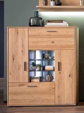 Highboard "Piet I" Board Glaselement, gedämpfte Türen, Eiche Bianco NB, 104x125x37cm, Vitrine, Schrank