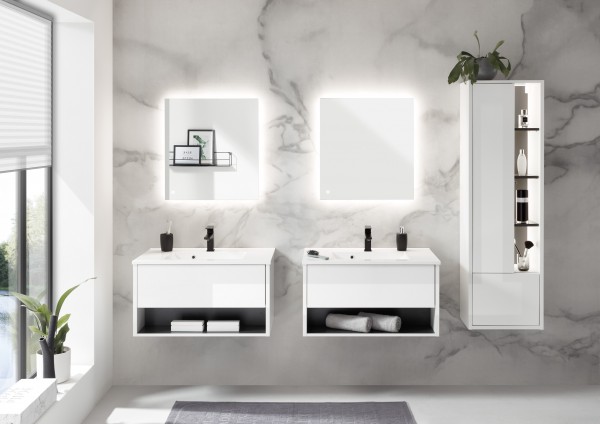 Badezimmer-Set „Studio“ 5-tlg., Schrank, Waschtisch mit Waschbecken, Spiegel mit LED