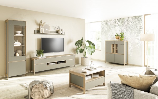 Speise Kombi "Stranda", 3tlg., Vitrine, Lowboard, Wandboard, Eukalyptus Skandi Eiche