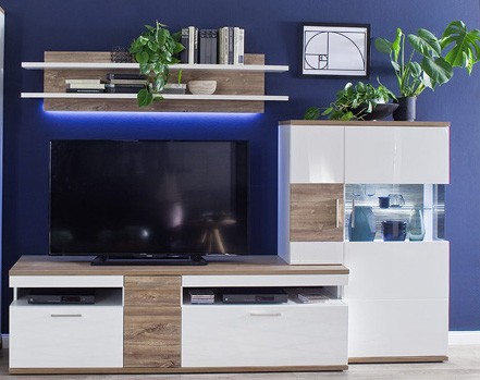 MCA Furniture Lowboard &quot;Loren I&quot; Board, weiß hochglanz/ weiß matt, Absatz Sterling Oak, 180x55x50cm,