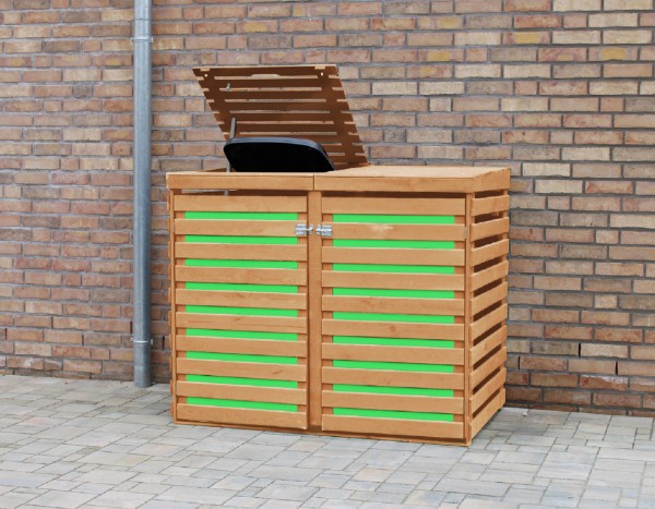 Doppelmülltonnenbox "Juna", honigbraun/grün, 147 x 94 x 120 cm, Mülltonnenbox, Mülltonnenabdeckung